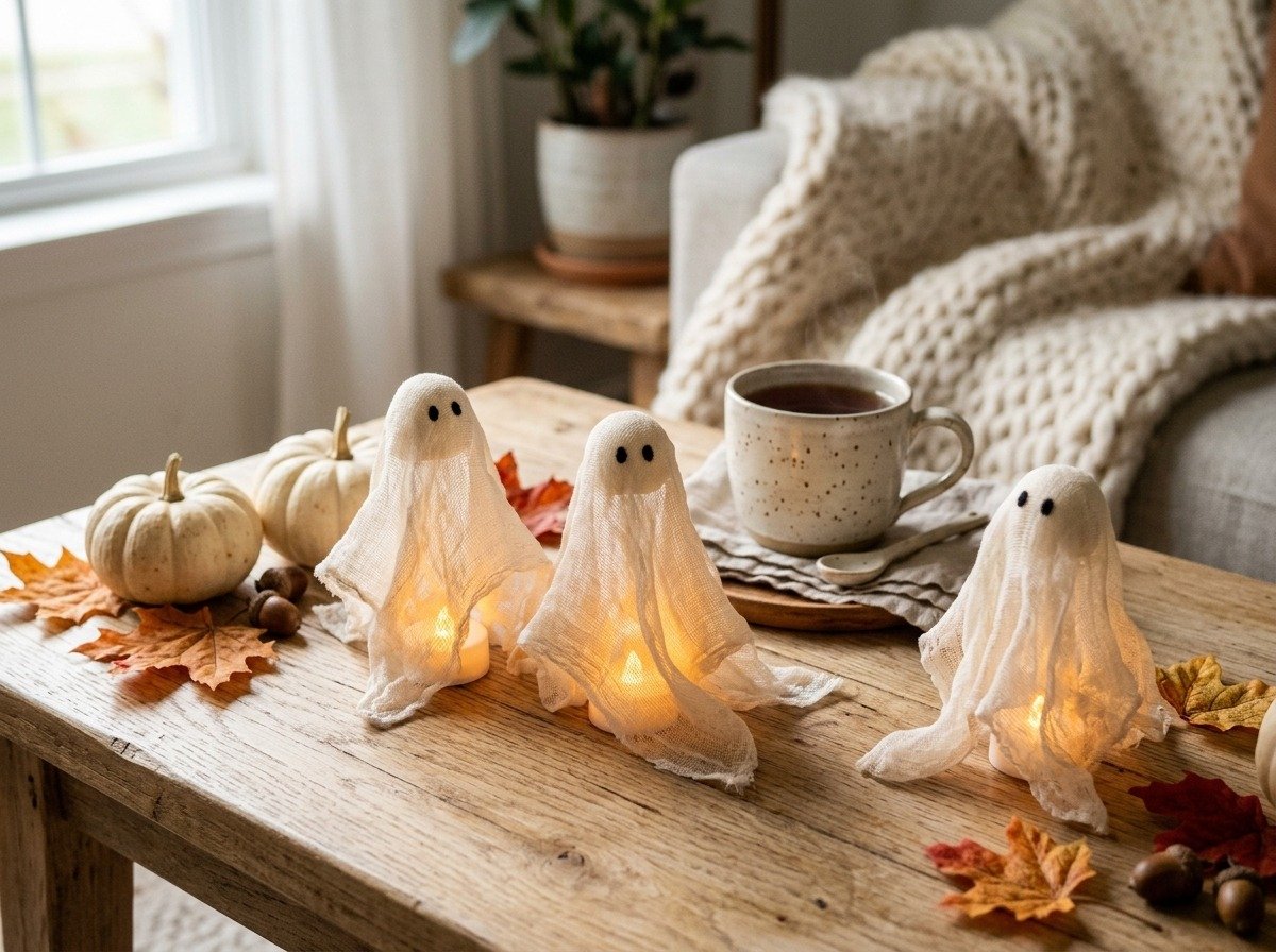 Handcrafted DIY floating cheesecloth ghosts glowing with warm fairy lights on wooden table