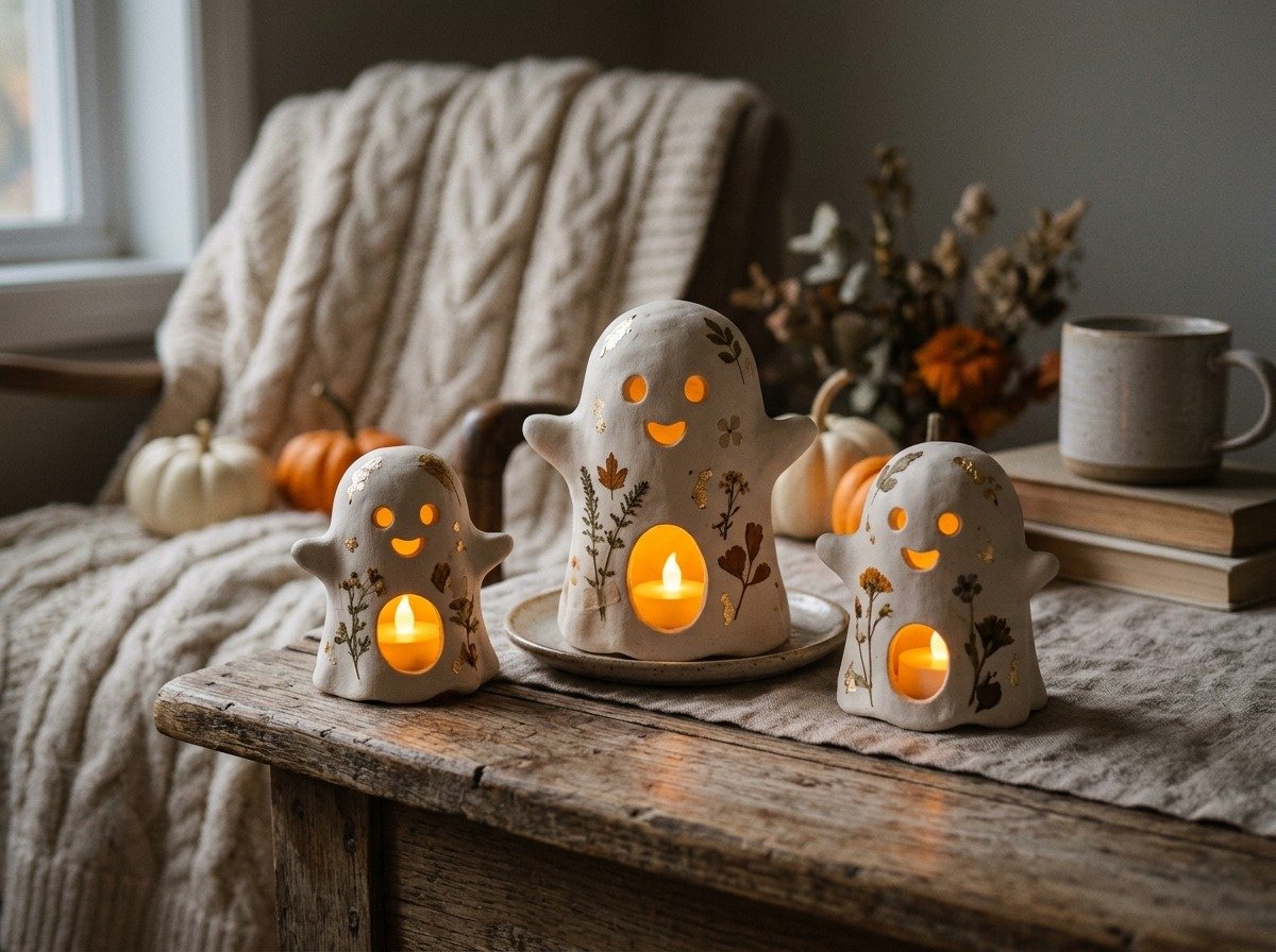 Handmade air-dry clay ghost tea light luminaries with pressed dried botanicals on wooden table