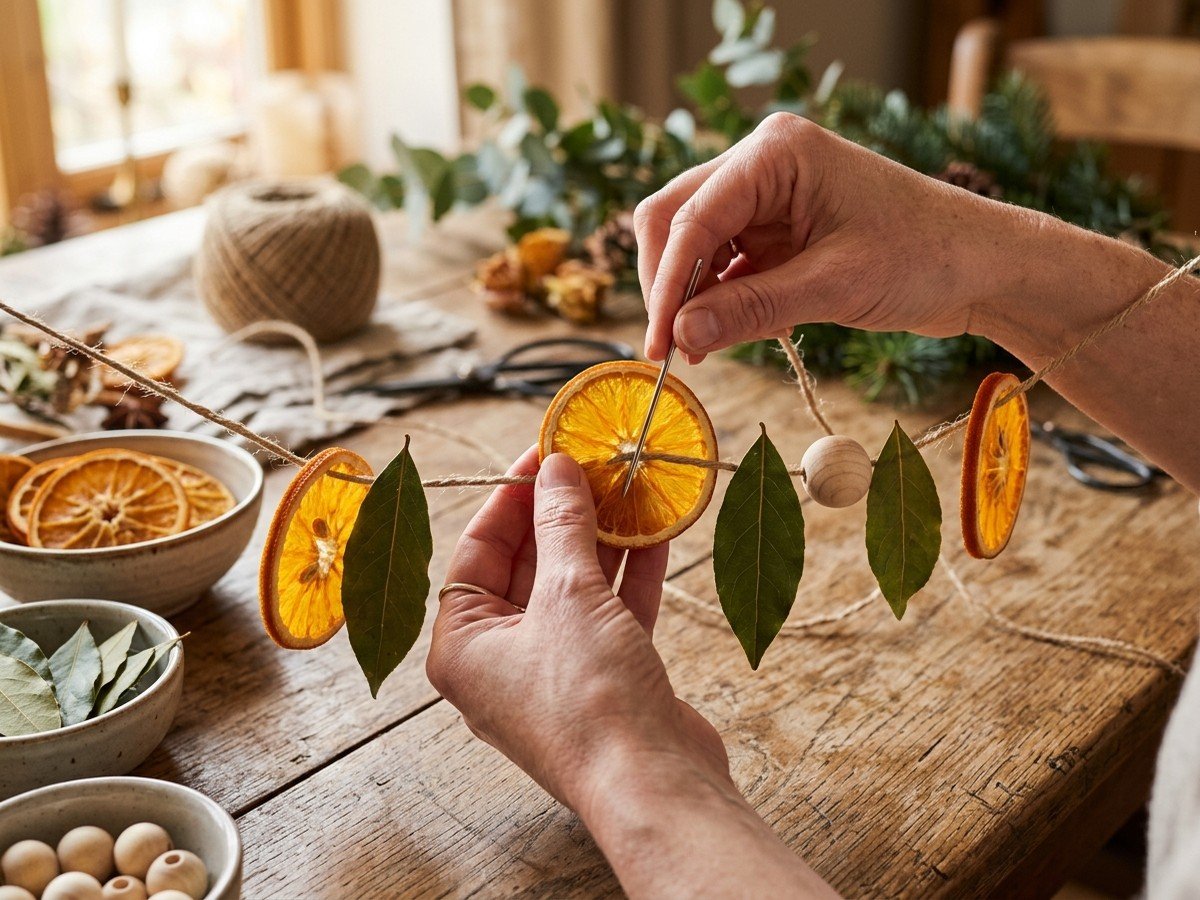 Hands stringing dried orange slices and bay leaves into holiday garland