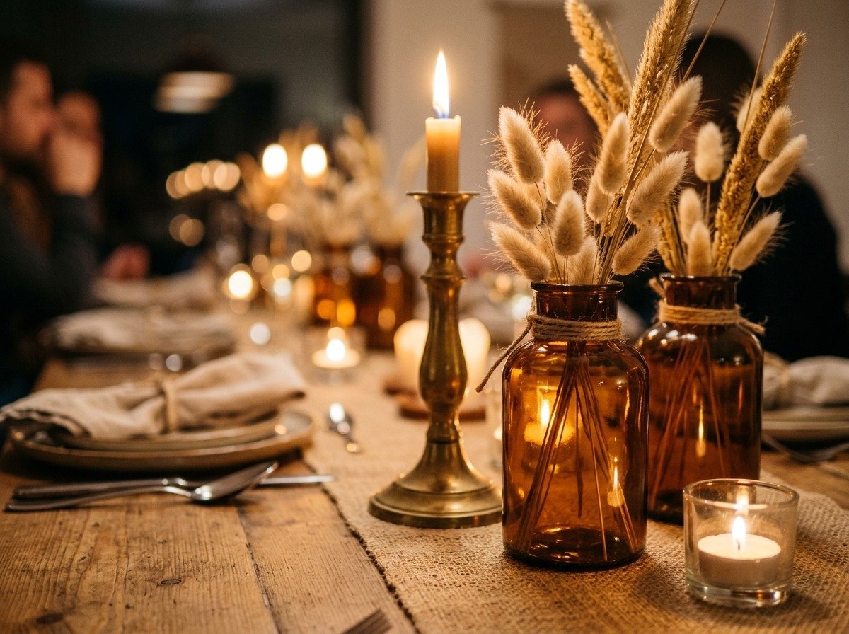 Modern boho fall centerpiece with vintage amber glass bottles, dried bunny tails, and brass candlestick tapers