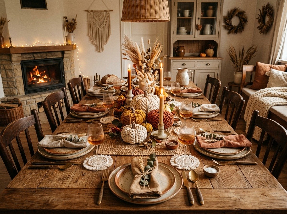 Harvest dining room table setting featuring complete handmade fall centerpiece with macrame pumpkins and coasters