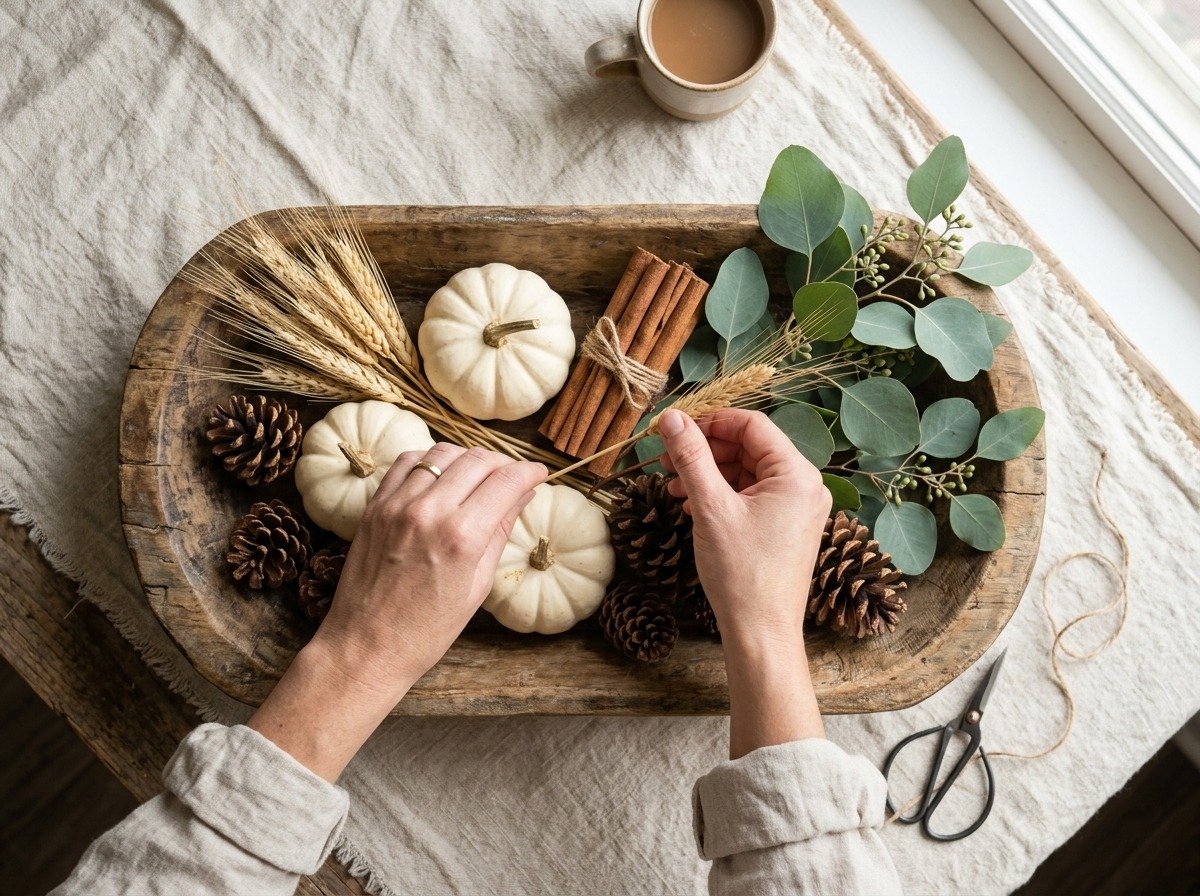 Arranging white pumpkins, cinnamon quills, wheat, and seeded eucalyptus inside a vintage wooden dough bowl
