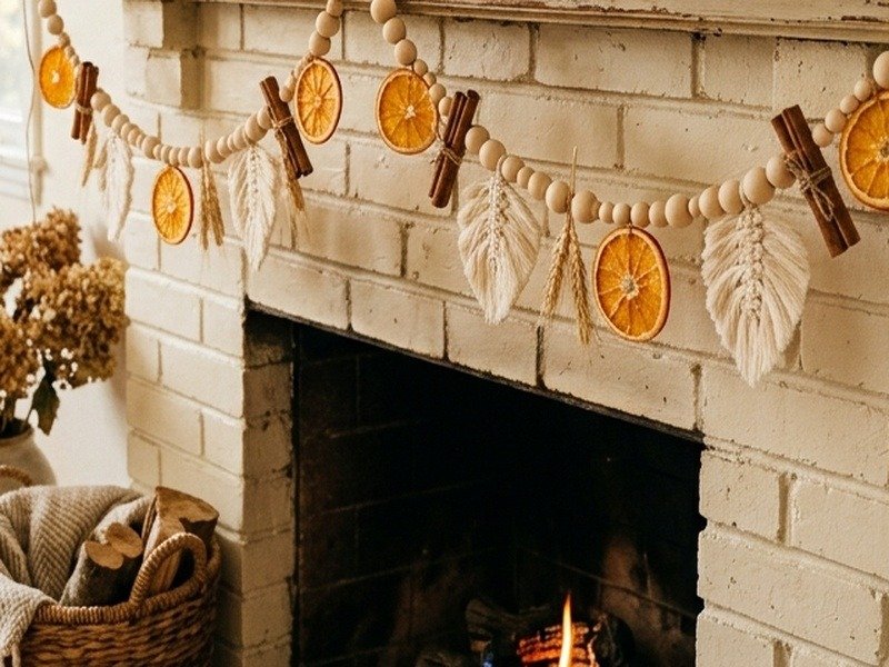 Close up detail of dehydrated orange slices cinnamon quills and macrame leaves on autumn garland