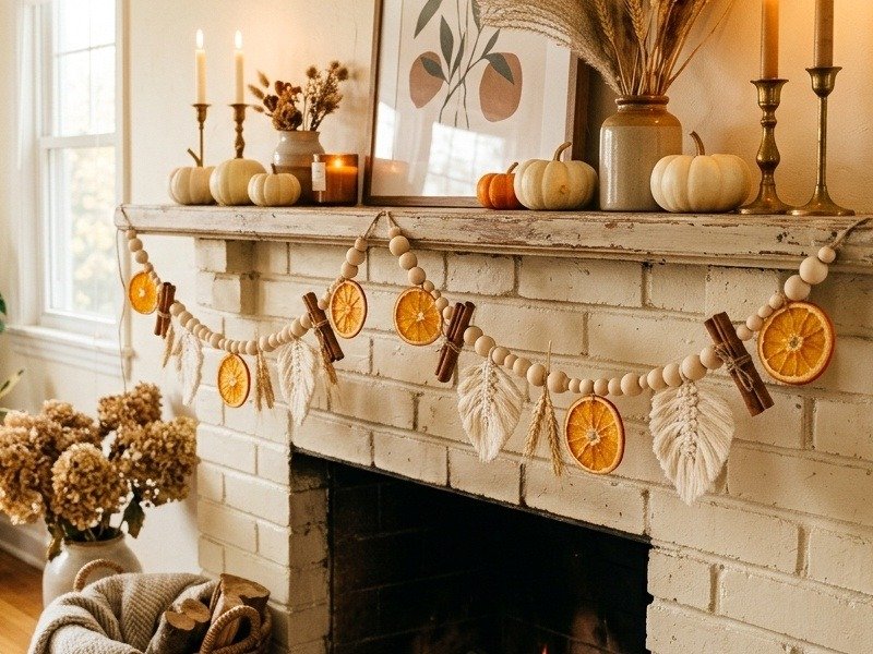 Completed handmade DIY fall garland styled on white brick fireplace with glowing brass candles and white pumpkins