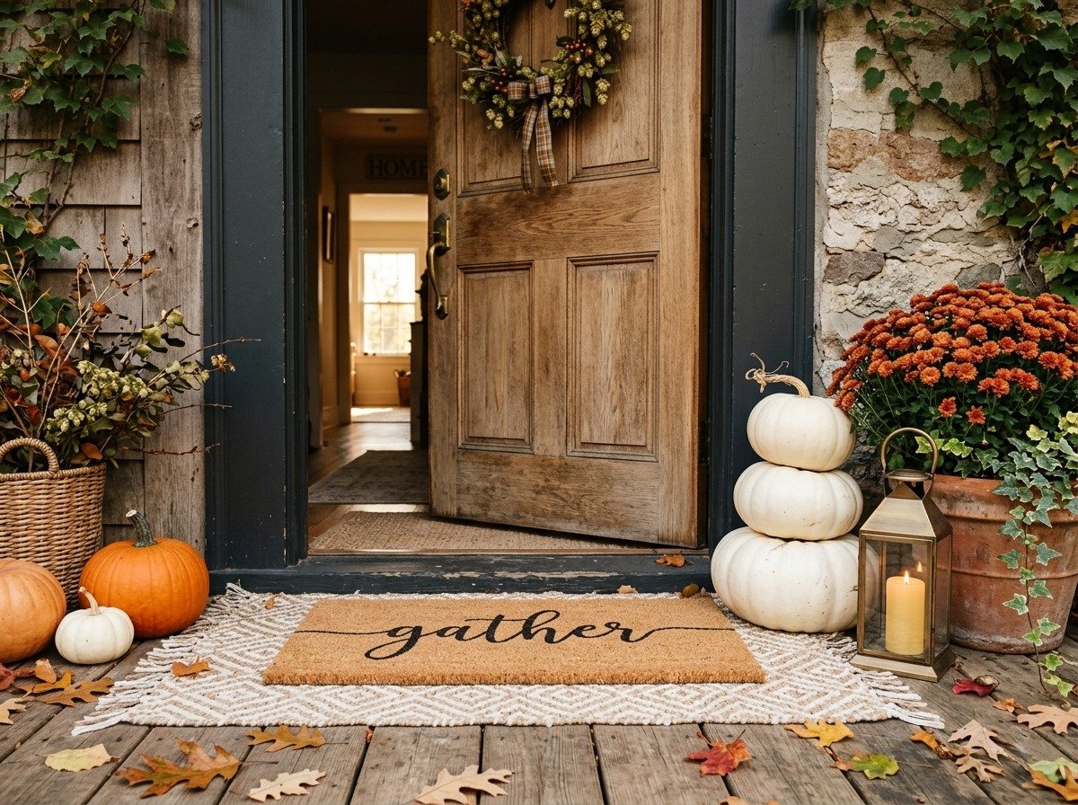 Layered autumn front door doormat with gather coir mat over neutral geometric runner, stacked white pumpkins, and brass candle lantern