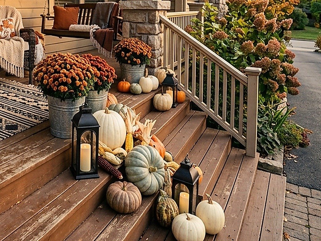 Cascading heirloom white, sage, and terracotta pumpkins on front porch steps with glowing black lanterns and bronze mums