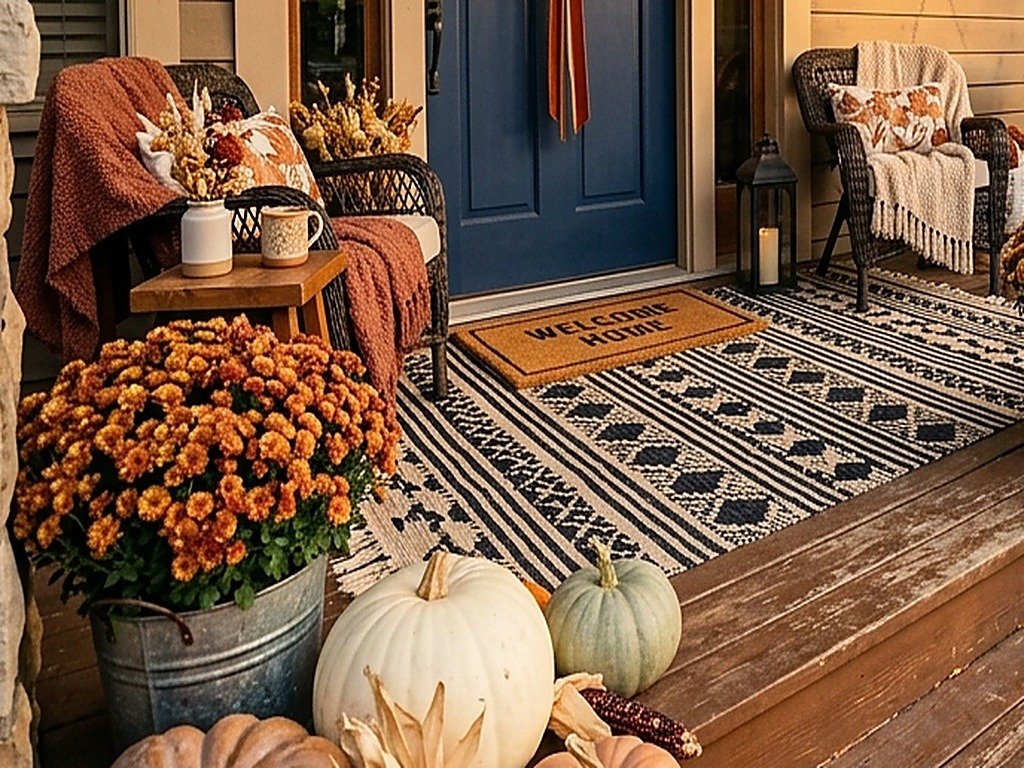Cozy front porch rocking chair seating nook with chunky knit blanket, autumn pillow, and flowering mum planter