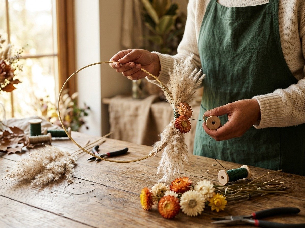 Attaching dried pampas grass and strawflowers to gold brass hoop using floral wire