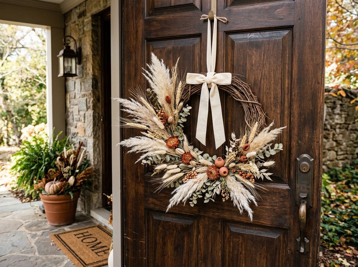 Finished handmade boho fall wreath hanging on dark walnut front door with velvet ribbon