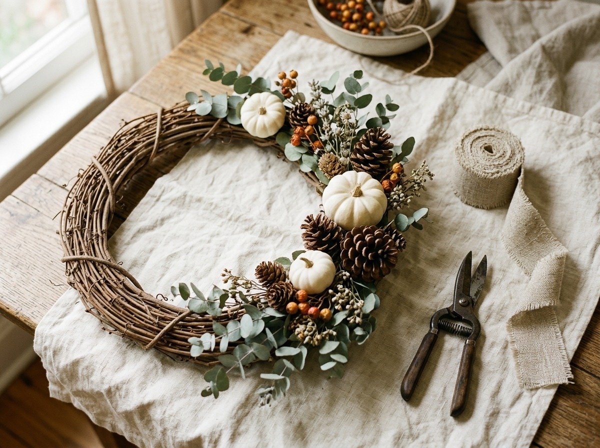 Asymmetrical grapevine wreath base decorated with eucalyptus miniature white pumpkins