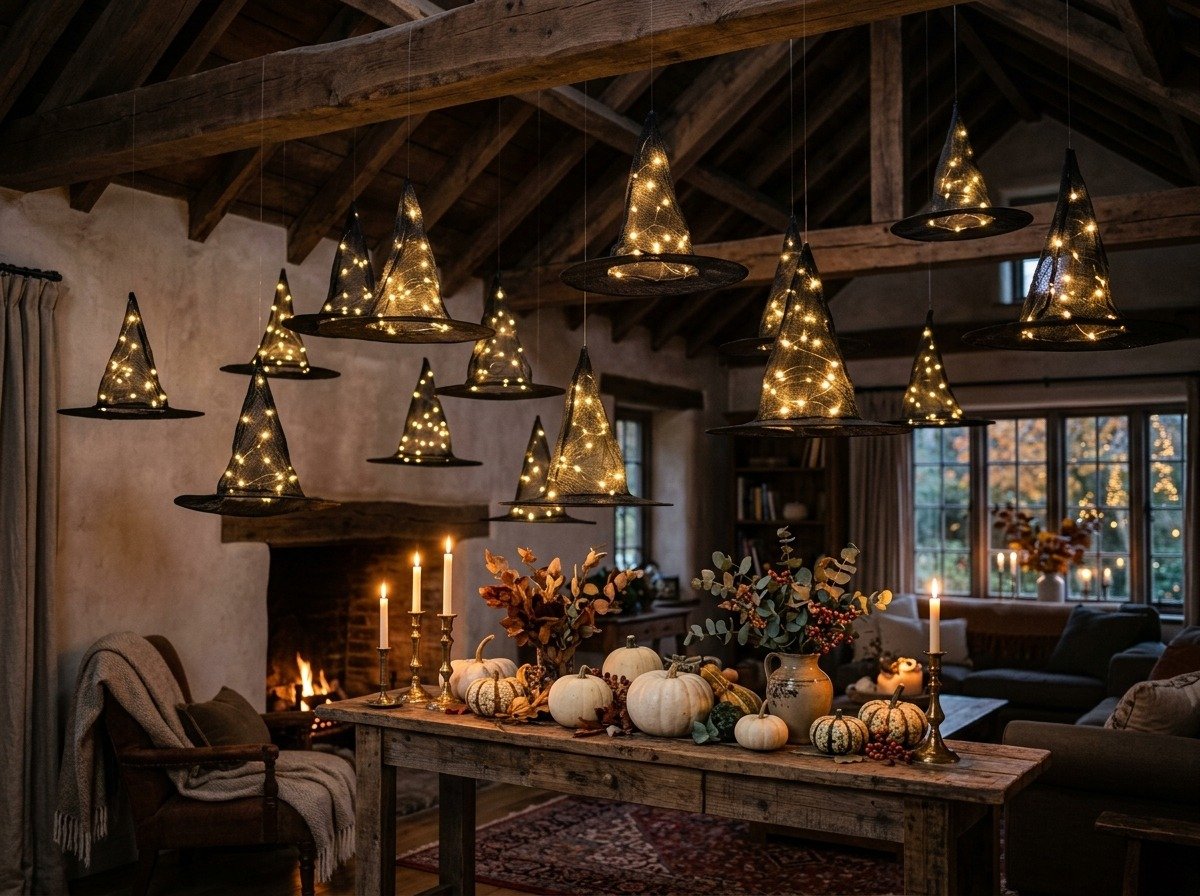 Handcrafted DIY floating black witch hats illuminated with warm fairy lights above table