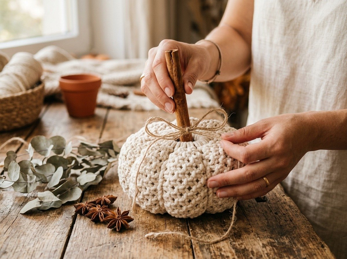 Inserting real cinnamon stick stem and tying jute twine bow on handmade macrame pumpkin
