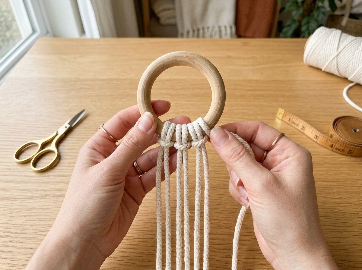 Crafter hands mounting 4mm cotton cords onto wooden craft ring using Larks Head knots