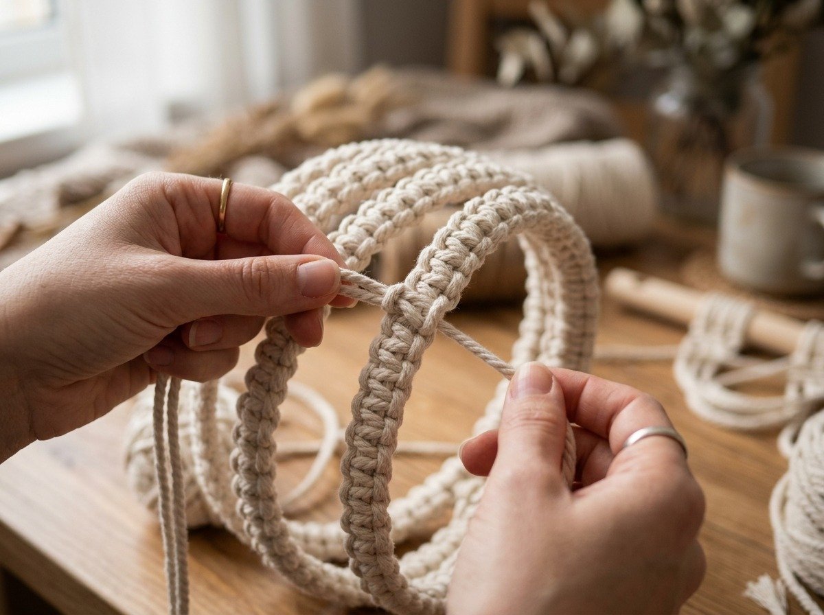 Tying vertical square knot columns to form dimensional 3D pumpkin ribs