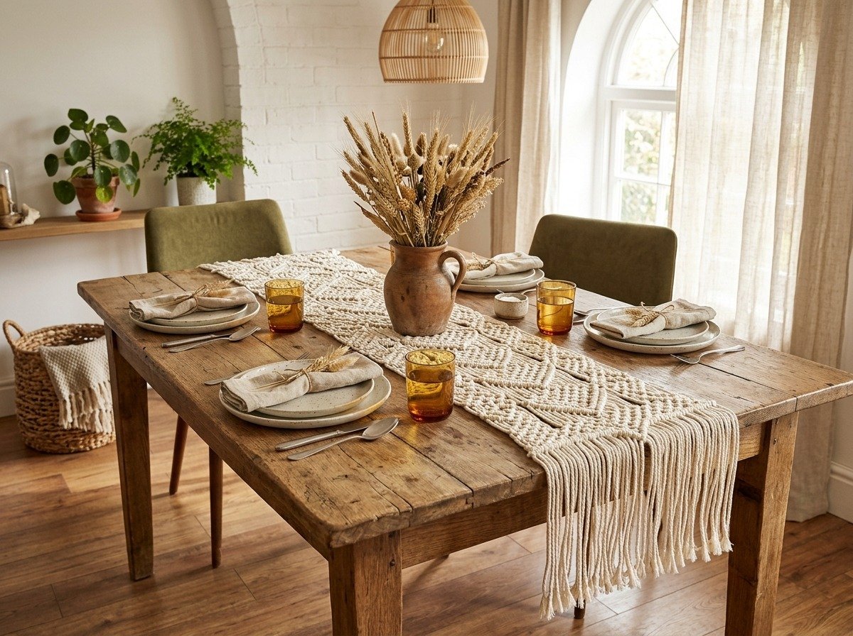 Completed cream boho macrame table runner styled with rustic dining table ceramics and dried wheat