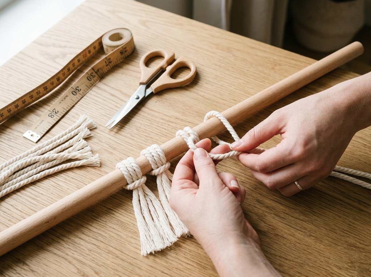 Measuring 4mm cotton cords and mounting onto wooden dowel with Larks Head knots