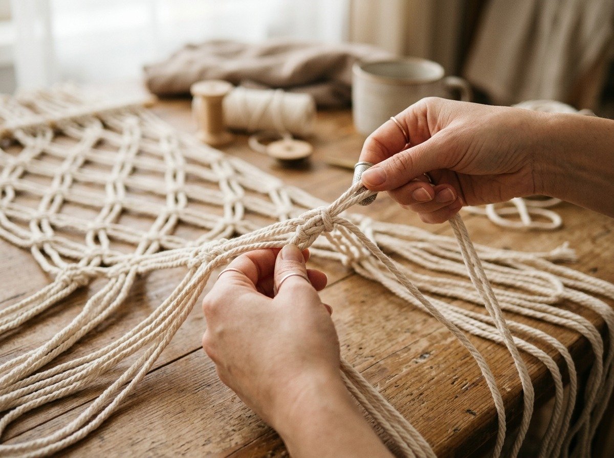 Crafter tying alternating square knots into geometric diamond lattice macrame runner pattern