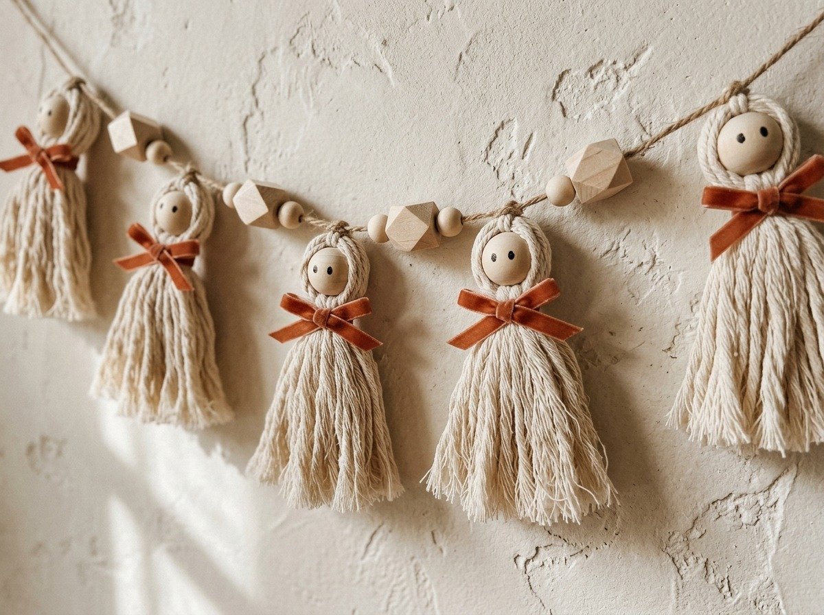 DIY macrame and yarn tassel ghost garland with natural birch wooden beads on plaster wall