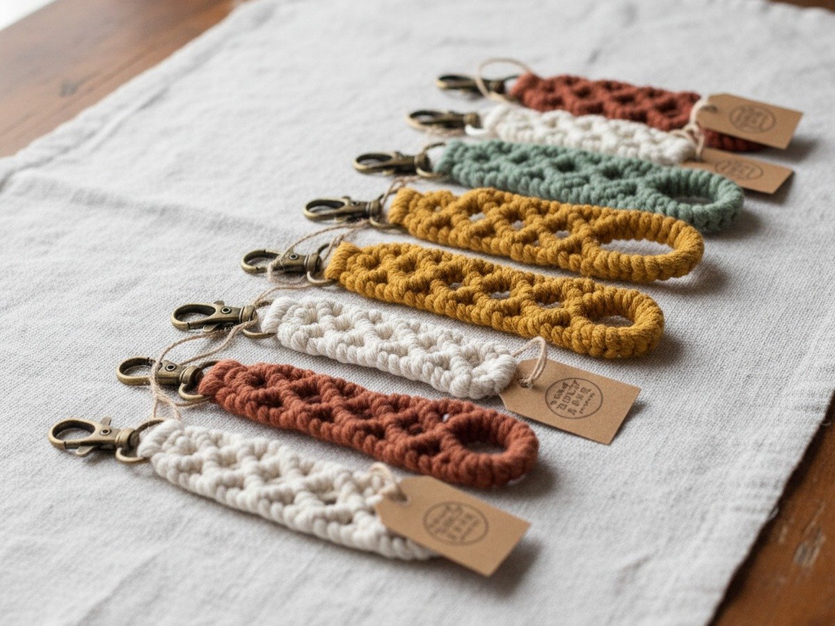 Row of handmade boho macrame wristlet keychains with brass hardware and kraft paper tags ready to sell