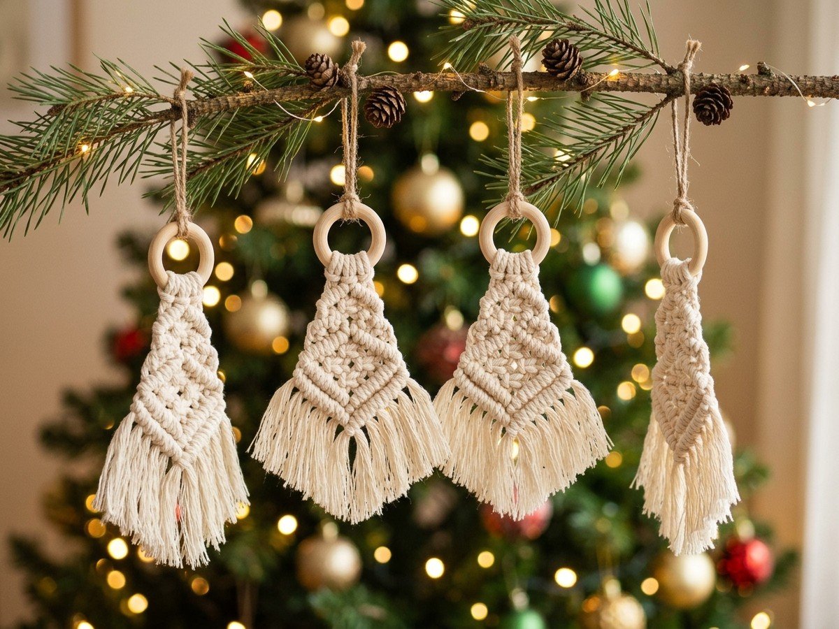 Handmade mini macrame Christmas tree ornaments hanging on pine branch