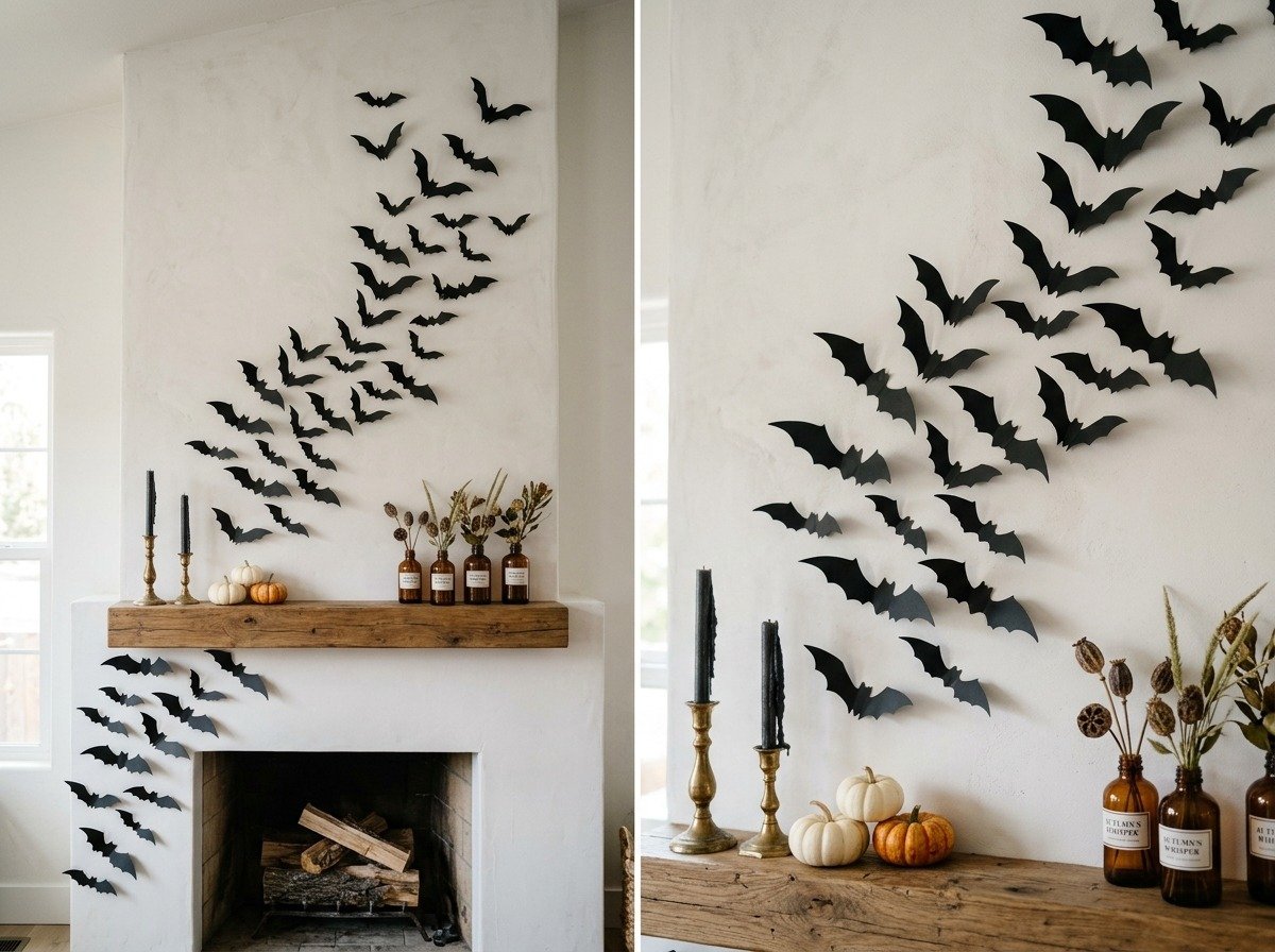 DIY 3D paper bat swarm flying across a modern white fireplace mantel with brass candleholders