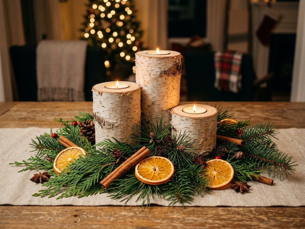 Trio of rustic birch log tea light candle holders glowing softly with warm flickering light on a holiday linen table runner