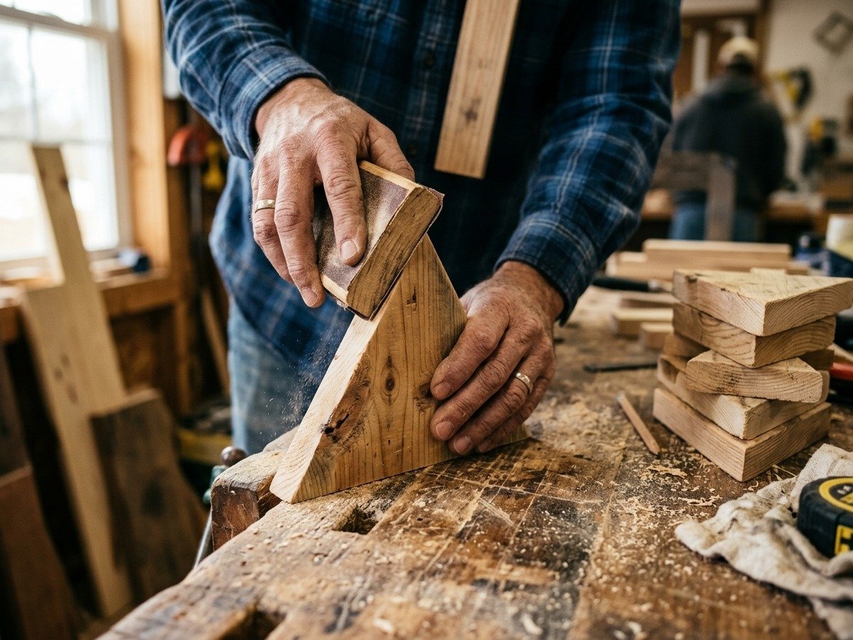 Crafter hand-sanding the mitered edges of a geometric scrap wood Christmas tree with 220-grit sandpaper