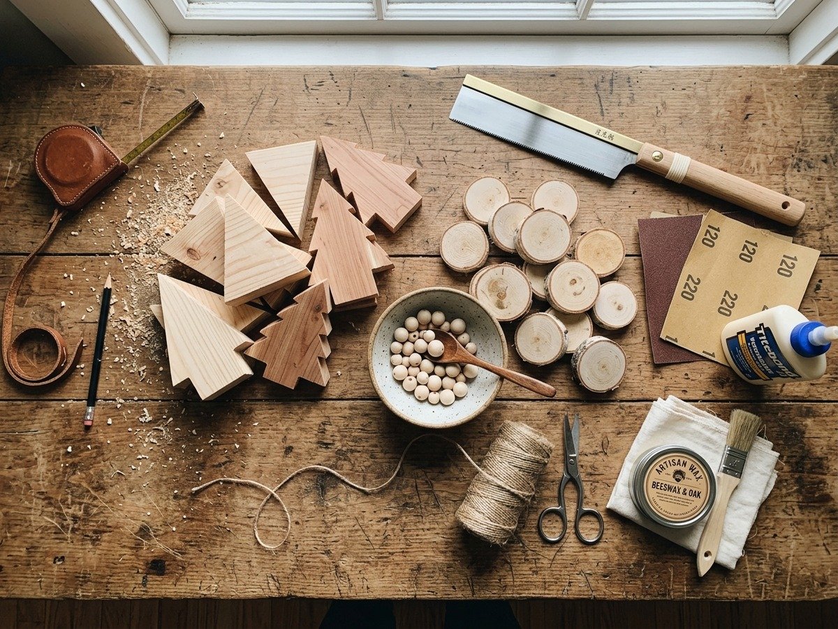 Materials and tools flatlay for DIY wood Christmas decorations including pine scraps, birch rounds, pull saw, wood glue, and beeswax finish