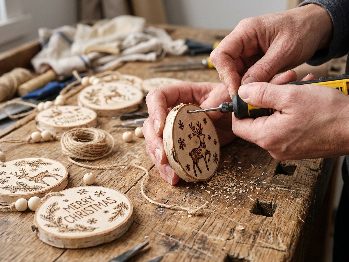 Drilling hanging holes into wood-burned birch wood slice Christmas ornaments with natural botanical snowflake patterns