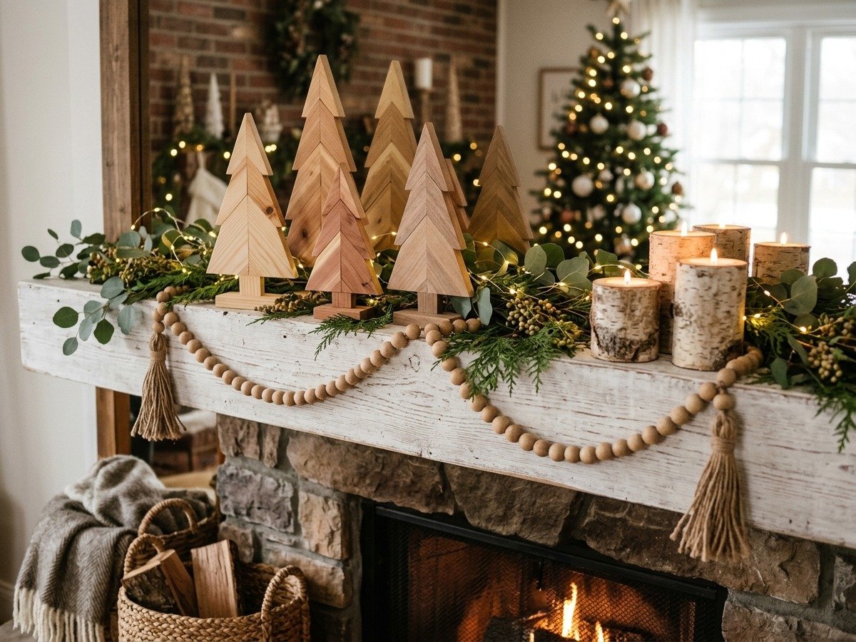 Complete DIY wood Christmas decoration collection styled on a holiday fireplace mantel with fairy lights and cedar greenery