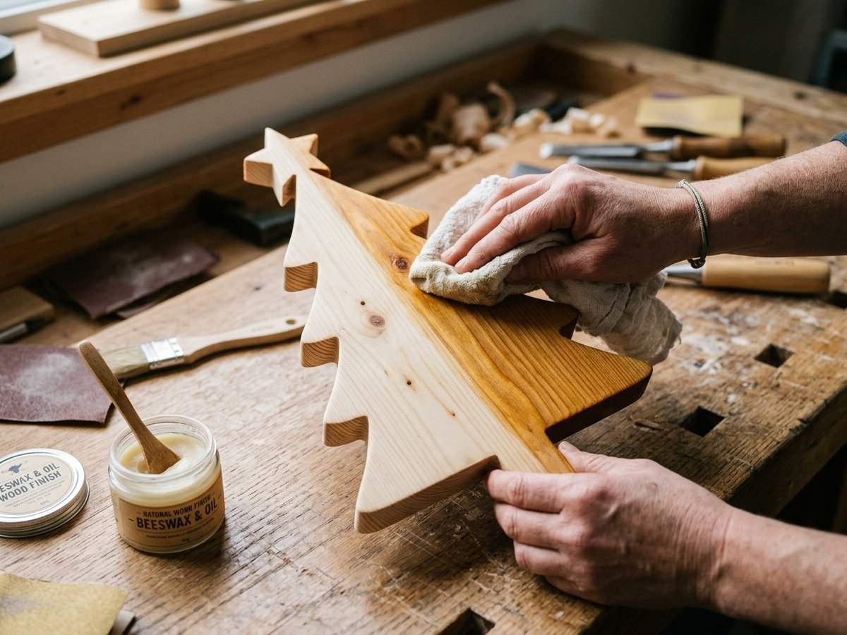 Applying natural beeswax and mineral oil paste to raw wooden Christmas tree to enrich grain without yellowing
