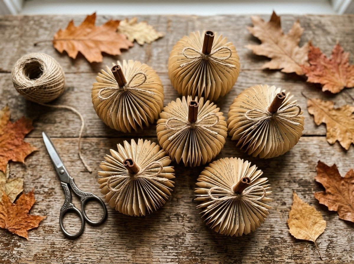 DIY folded vintage book page paper pumpkins with cinnamon stick stems and twine bows