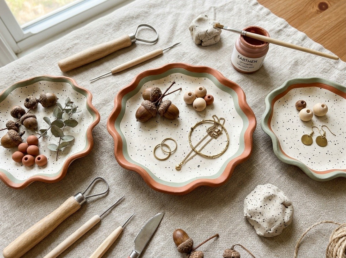 Handmade air-dry clay speckled trinket dishes with wavy scalloped rims and terracotta accents