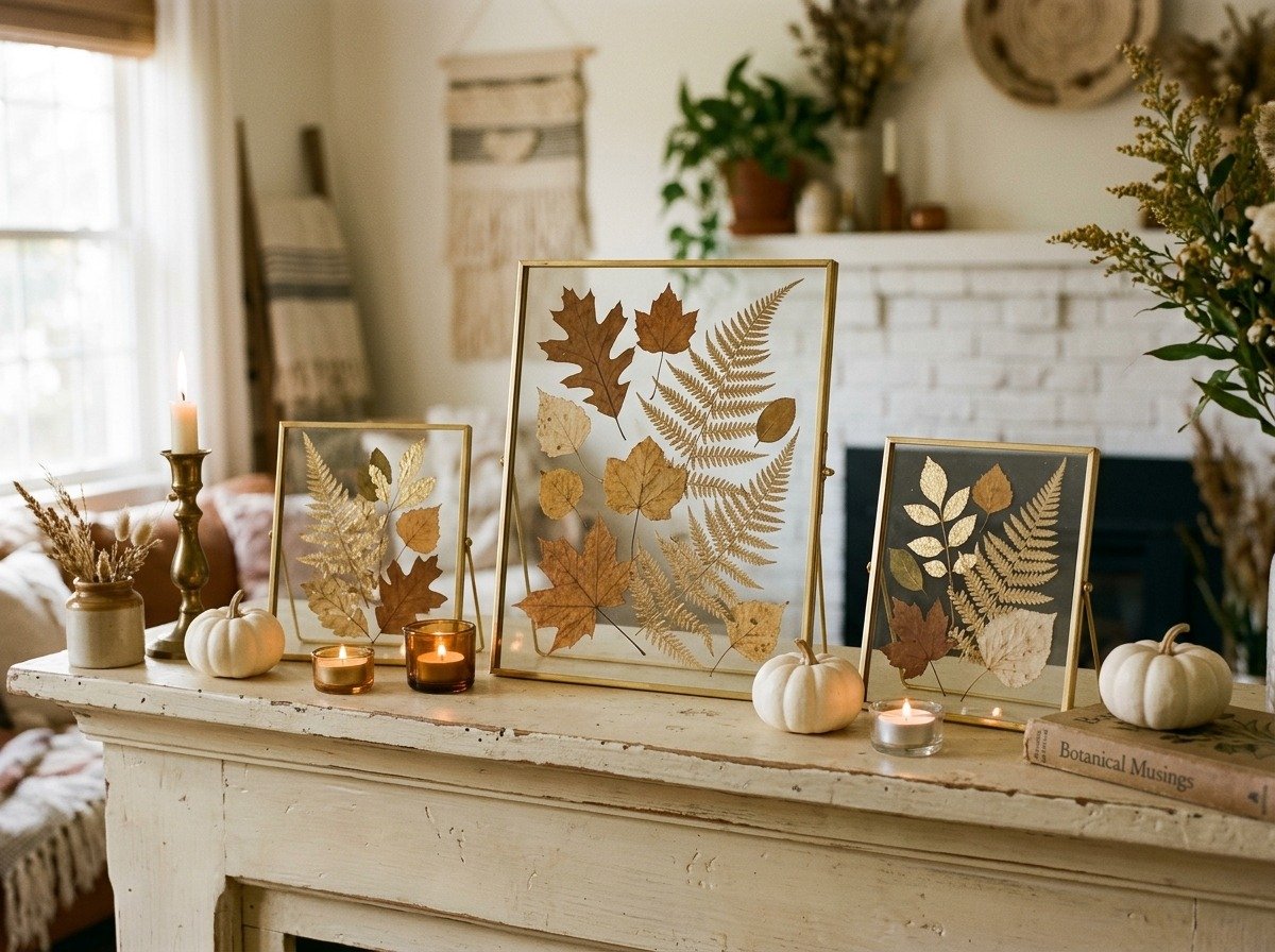 Pressed autumn leaves and golden fern fronds displayed in floating brass glass frames -  Fall Crafts for Adults
