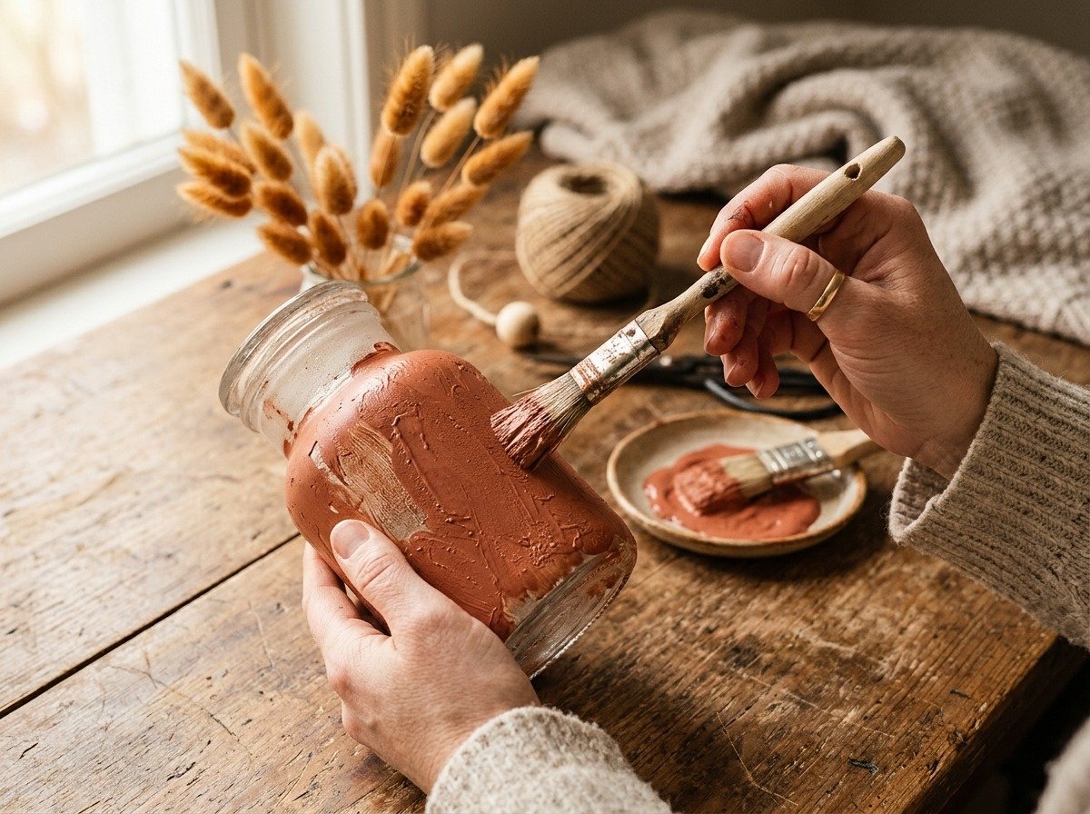 Applying textured terracotta chalk paint to recycled glass jar for cozy autumn decor