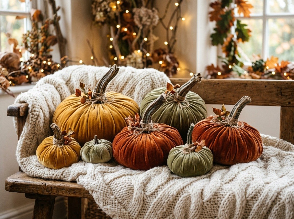 Handmade gathered plush velvet pumpkins in autumn tones topped with real driftwood stems - Fall Crafts for Adults