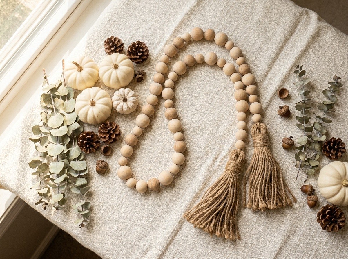 Handmade wooden bead garland with thick jute tassels and mini white pumpkins flat lay