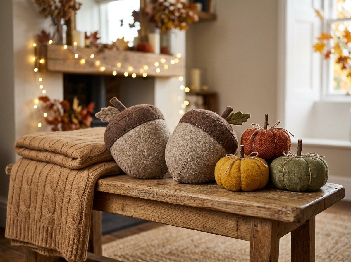 Hand-sewn wool sweater acorn pillows and fabric pumpkins on rustic wooden bench - Fall Crafts for Adults