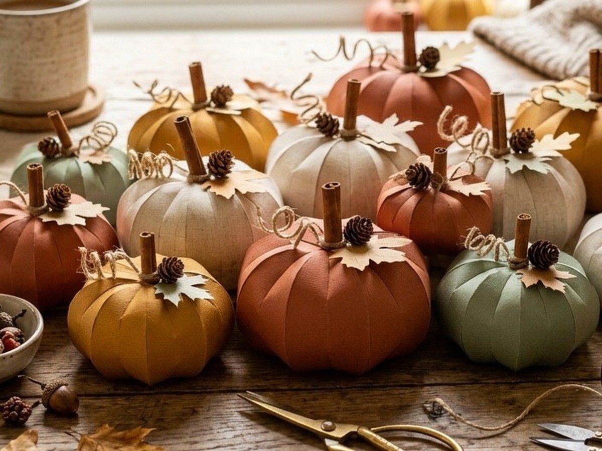 Finished tabletop display of 3D construction paper pumpkins with wooden accessories and fall foliage