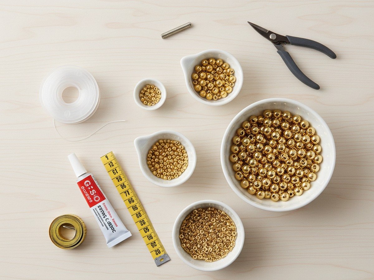 Organized jewelry tools and supplies for DIY 14k gold-filled beaded bracelets