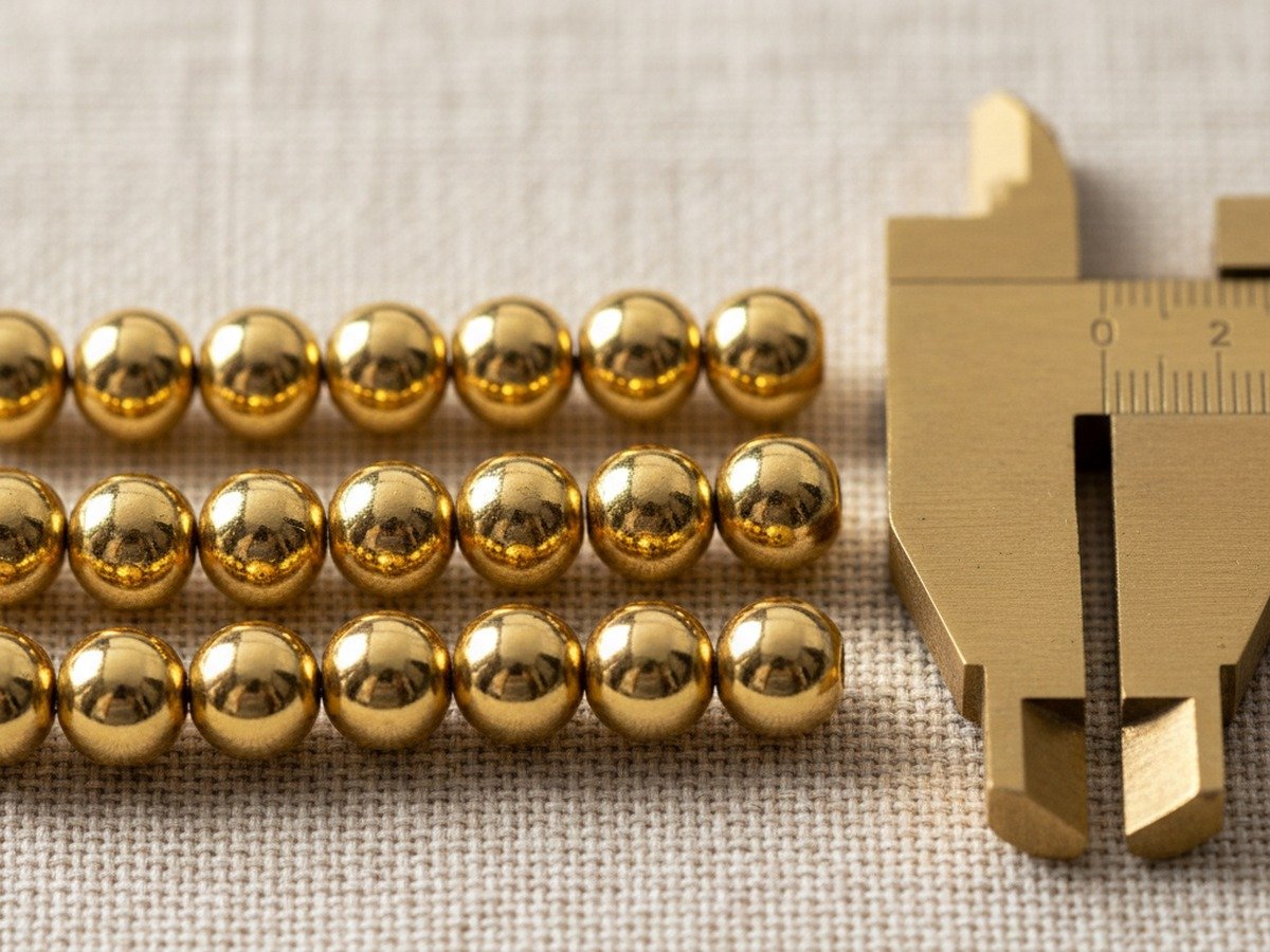 Macro visual comparing 3mm, 4mm, and 5mm seamless 14k gold-filled beads with jeweler caliper