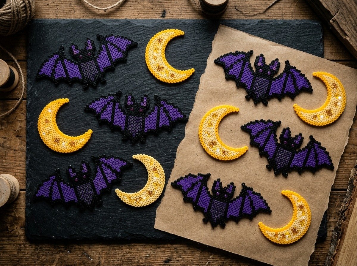 Gothic celestial perler bead bats in black and purple displayed alongside golden yellow crescent moons and stars on dark slate
