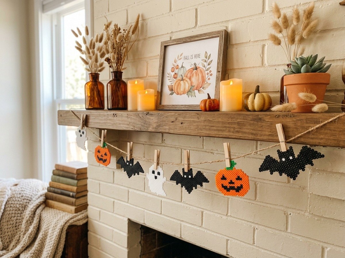 Finished Halloween perler bead garland featuring ghosts, pumpkins, and bats strung on natural jute twine across a painted cream fireplace mantel