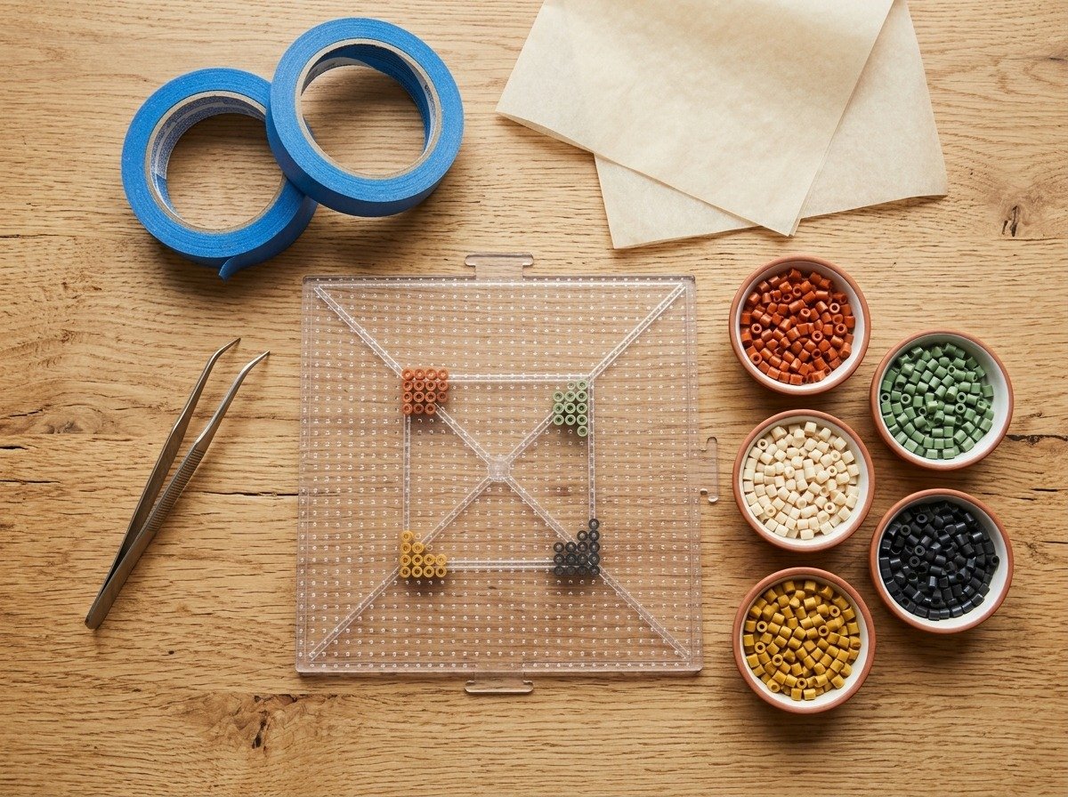 Halloween perler bead supplies including clear square pegboard, fine brass tweezers, painter's tape, parchment paper, and sorting dishes of earth-tone fuse beads