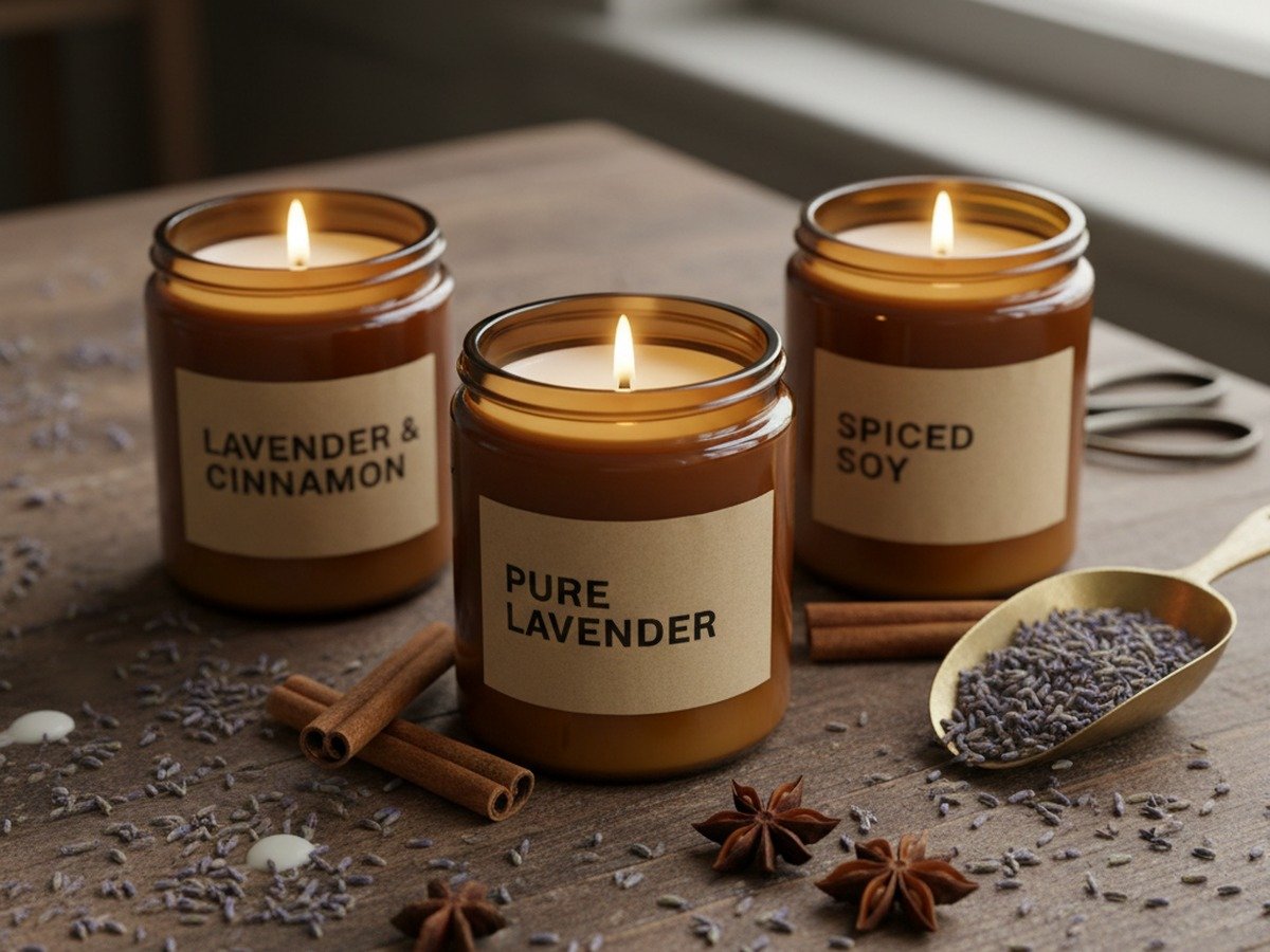 Hand-poured soy wax candles in amber glass jars with wood wicks and dried lavender