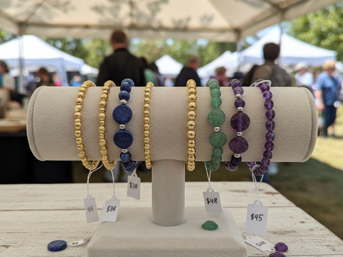 Velvet jewelry display bar filled with handmade gold-filled and gemstone beaded stretch bracelets