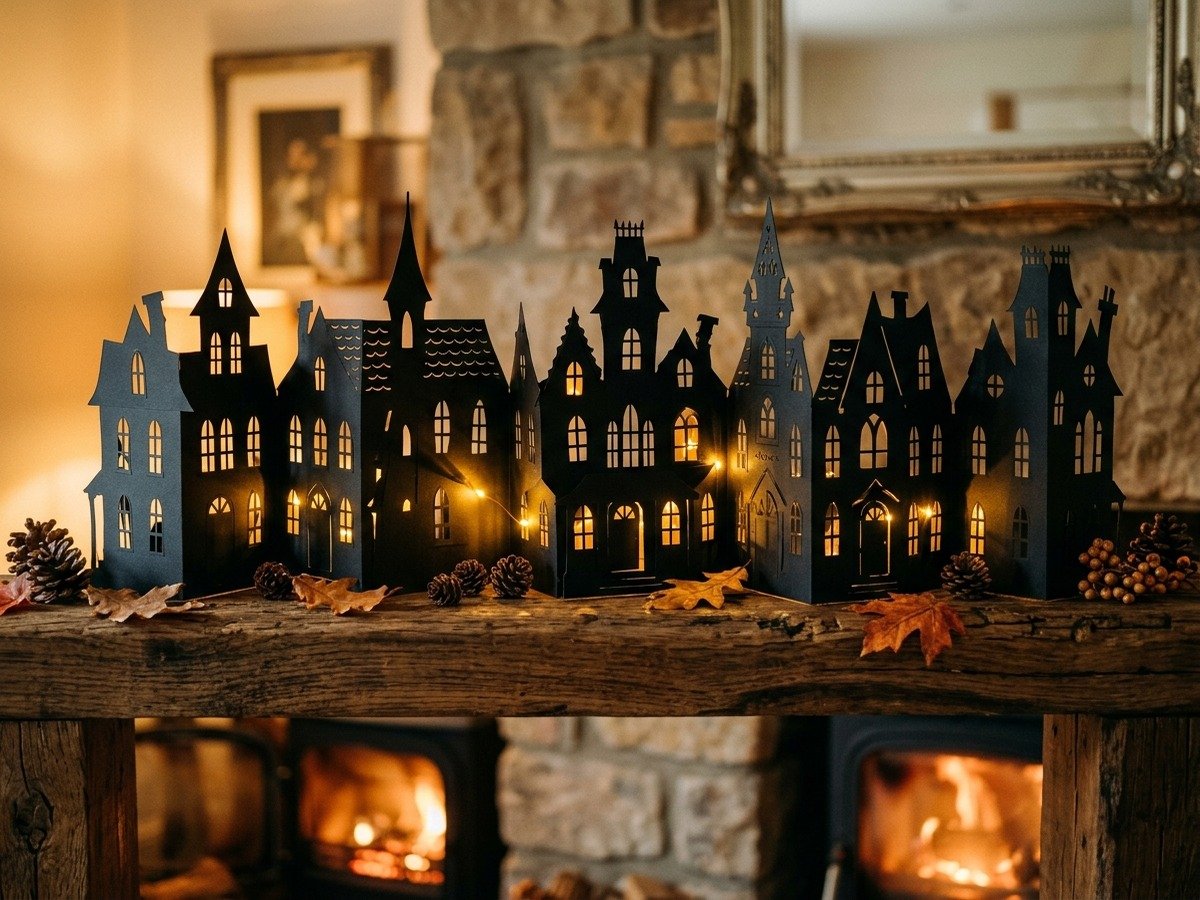 Matte black paper haunted house silhouette village with glowing window cutouts on wooden fireplace mantel