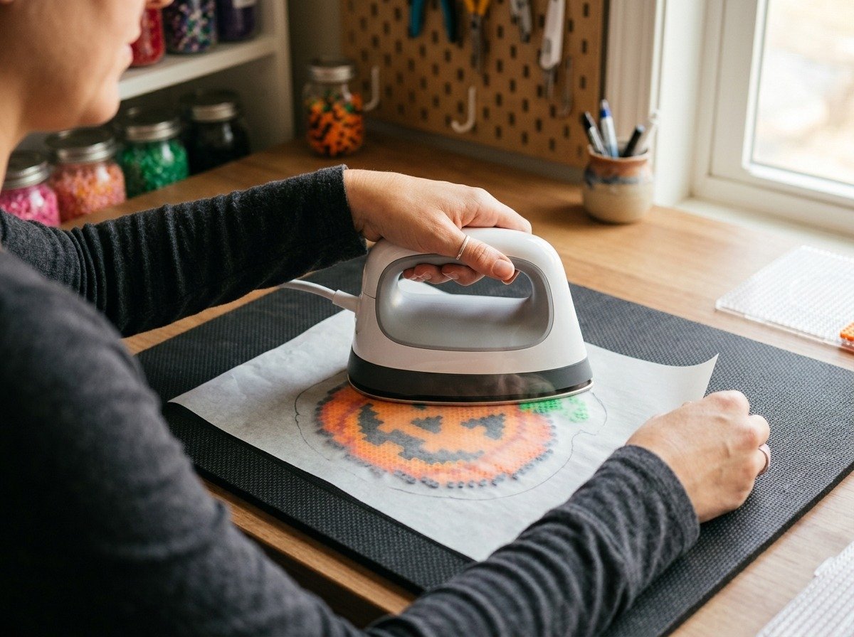 Crafter using a dry iron over parchment paper on a heat-resistant mat to fuse a perler bead design using the painter's tape method