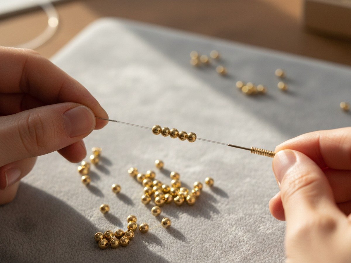 Hands pre-stretching clear elastic cord and threading 4mm 14k gold-filled beads on velvet board