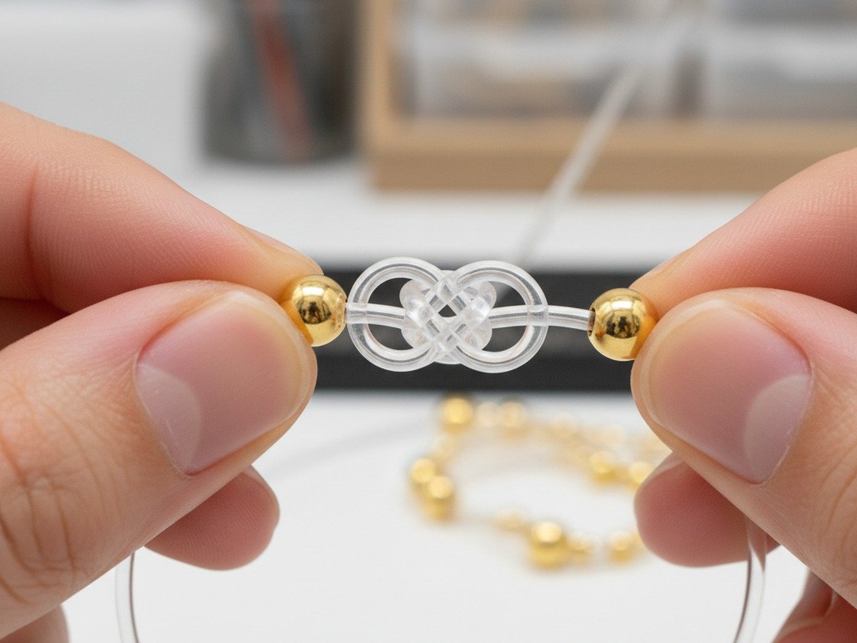 Detailed close-up showing how to tie a double surgeon knot with clear elastic cord on gold beads